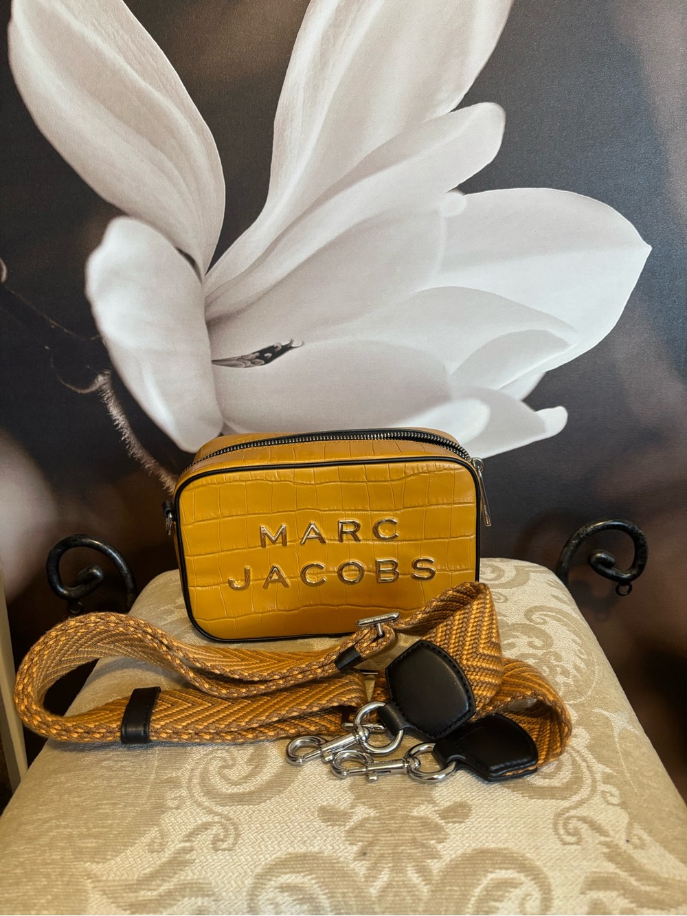 Marc Jacobs Mustard Croc-Embossed Camera Crossbody with Woven Strap